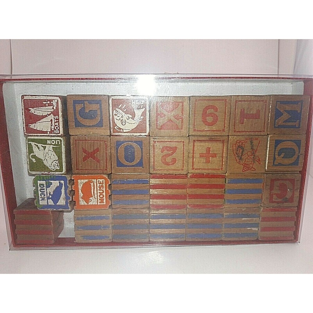 28 Vintage Wooden Blocks With Letters Numbers Pictures Stamped and Etched